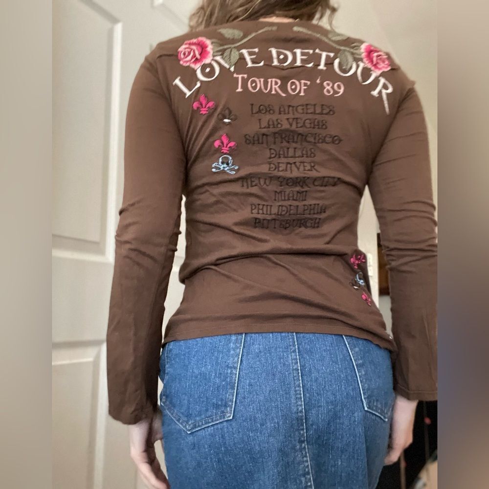 Johnny Was Embroidered Graphic Long Sleeve Shirt Sz Small Love Detour Tour of 89